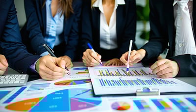Business consulting team analyzing financial data and marketing strategies Business consulting team analyzing financial data and marketing strategies
